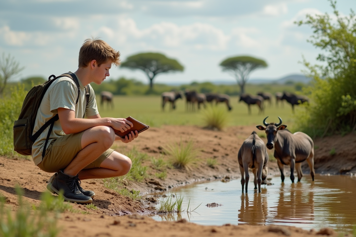 Jeune voyageur observant des zebrass au bord d