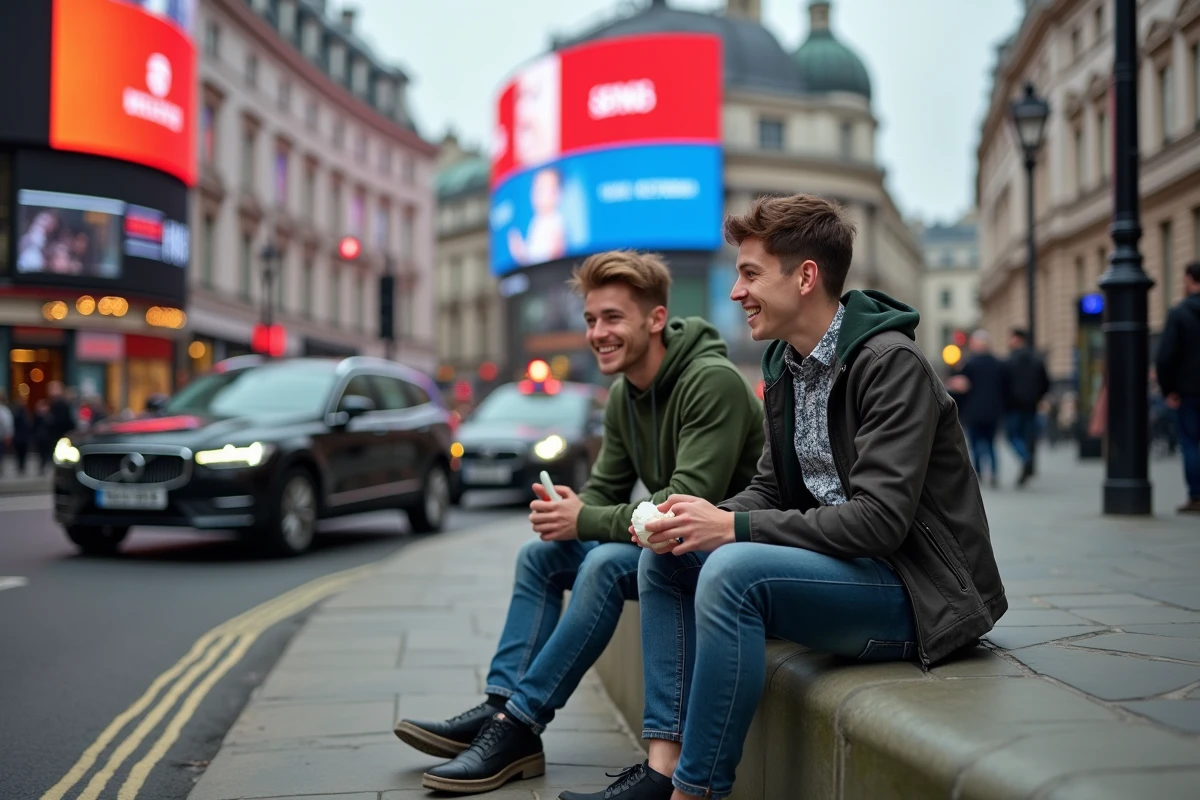 Deux jeunes partageant un repas dans Piccadilly Circus