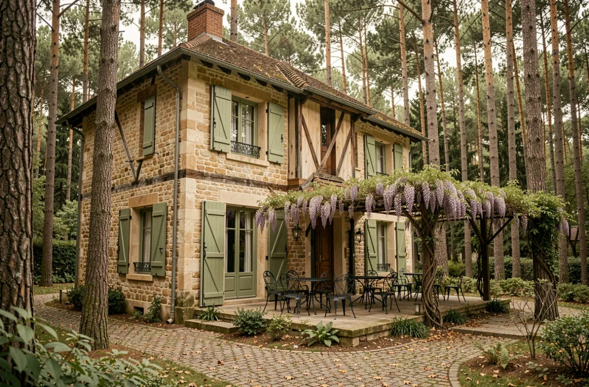 Façade pittoresque de La Folie Barbizon entourée de la forêt de Fontainebleau avec terrasse en pierre et volets en bois