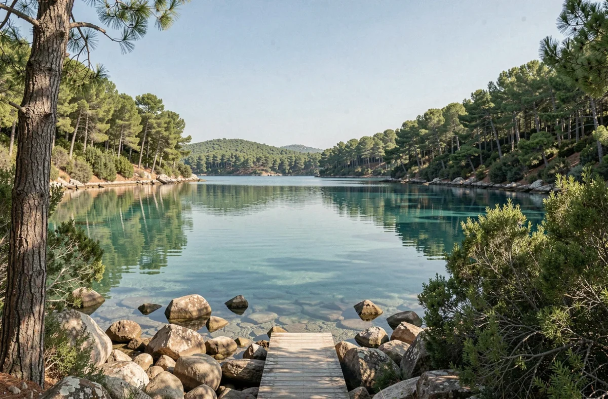 Lac salé de Mljet aux eaux turquoise entouré de forêts de pins méditerranéens, sentier longeant le rivage sur l'île croate