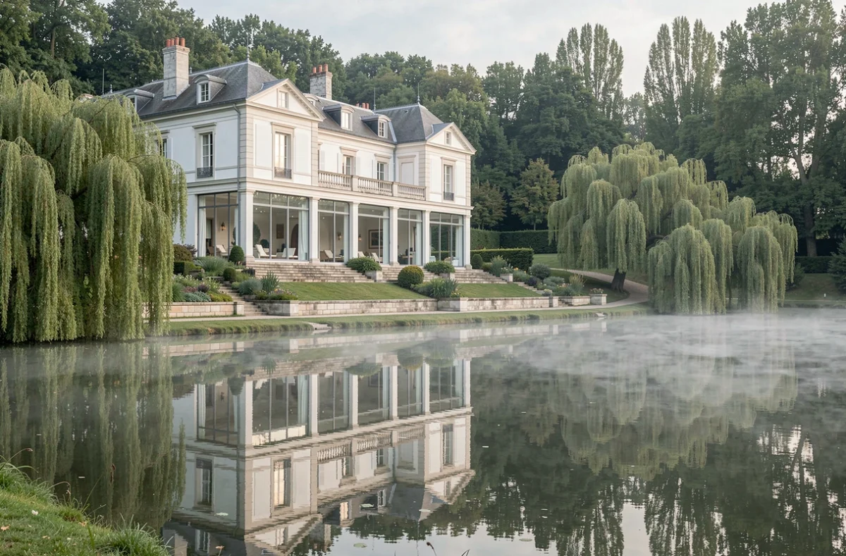 Hôtel Les Étangs de Corot avec sa façade néoclassique blanche se reflétant dans l'étang entouré de saules pleureurs