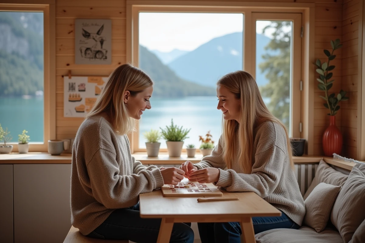 Mère et fille jouant à un jeu de société dans une cabane norvégienne
