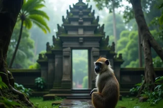 Macaque à longue queue assis sur un mur de temple en pierre moussu sous la pluie tropicale dans la Monkey Forest d'Ubud, Bali