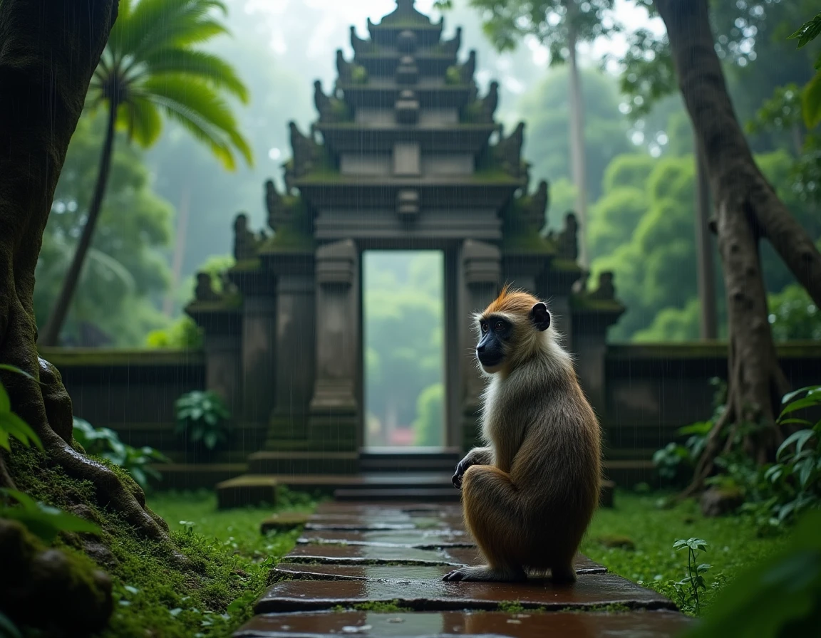 Macaque à longue queue assis sur un mur de temple en pierre moussu sous la pluie tropicale dans la Monkey Forest d'Ubud, Bali