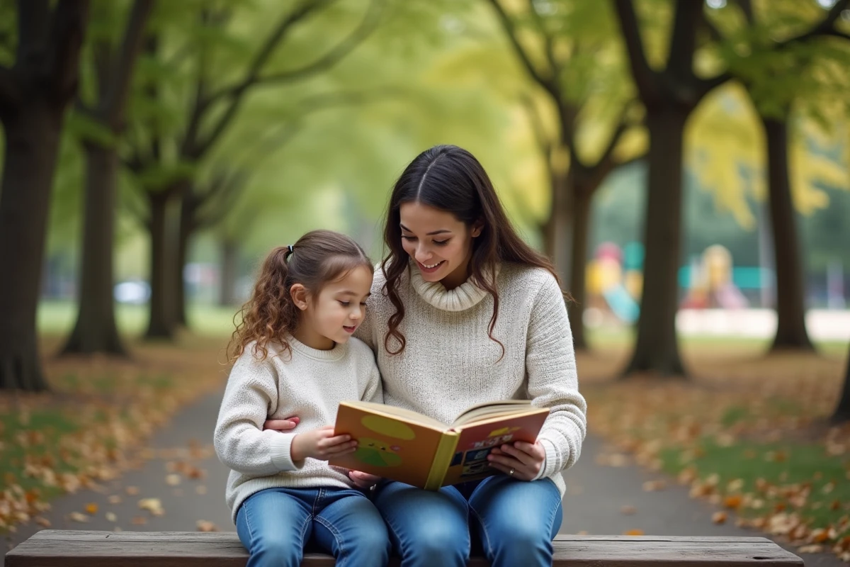 Mère et fille lisant un livre dans un parc calme