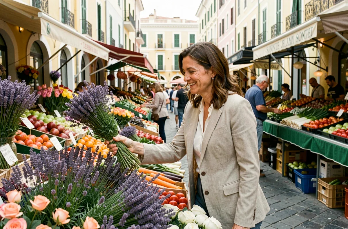 Femme découvrant le marché du Cours Saleya à Nice parmi fleurs et produits locaux