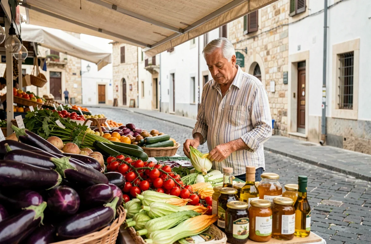 Étal de marché en plein air avec légumes locaux et huile d'olive dans le centre historique de Monopoli en Puglia