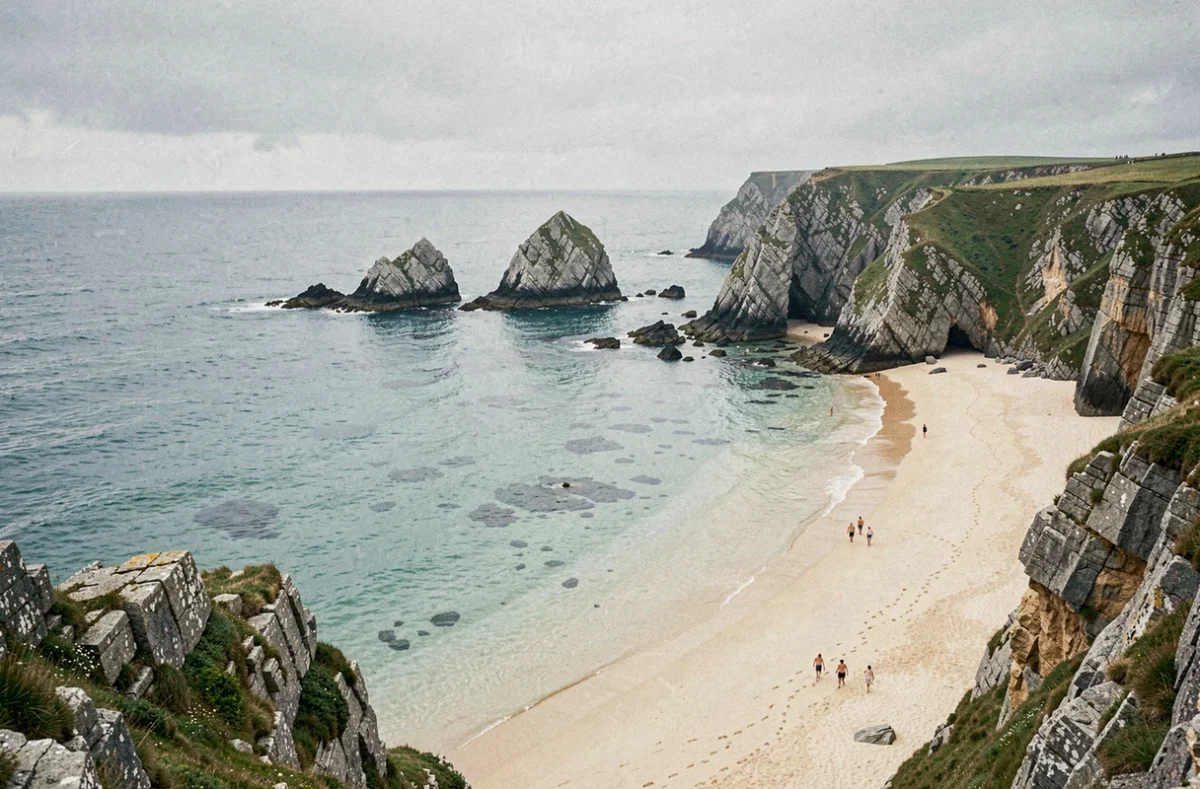 Vue panoramique d'une plage bretonne sauvage avec falaises rocheuses, sable doré et mer turquoise