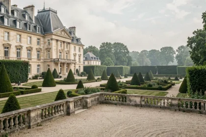 Vue panoramique d'un grand hôtel de luxe en Île-de-France avec jardins à la française et façade en pierre classique