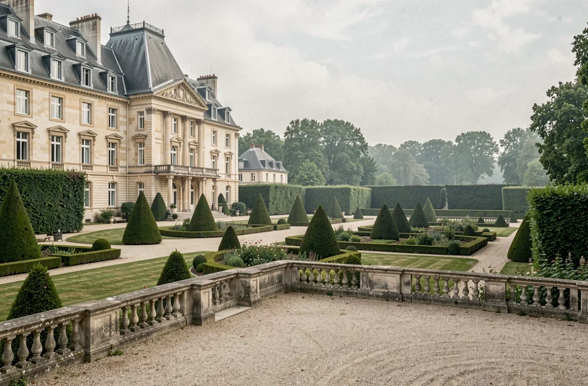 Vue panoramique d'un grand hôtel de luxe en Île-de-France avec jardins à la française et façade en pierre classique