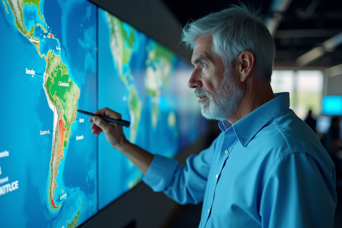 Météorologue pointant les zones à risque d'ouragans sur une carte satellite de la mer des Caraïbes