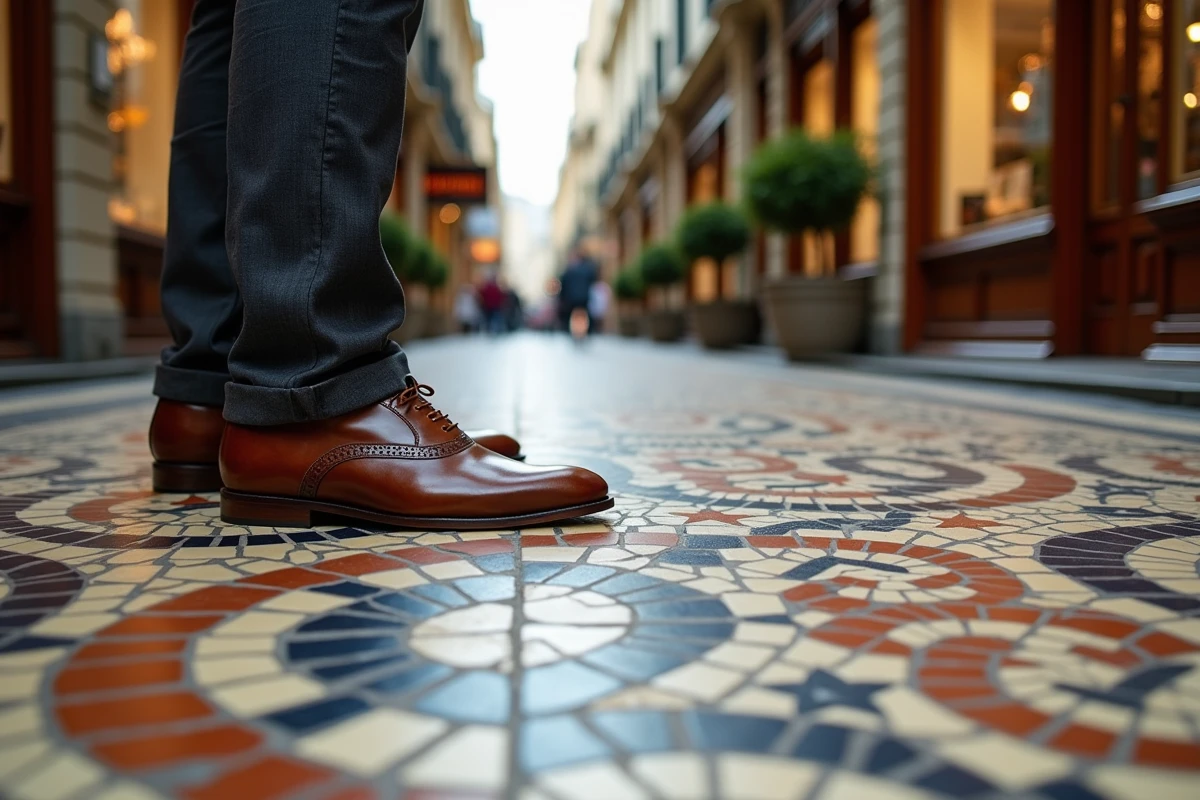 Détail des mosaïques au sol du passage Vivienne à Paris avec motifs de vignes et chaussures en cuir
