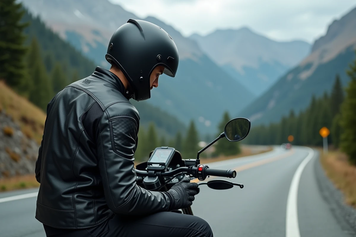 Motard consultant l'application Mappy pour personnaliser son itinéraire moto sur une route de montagne