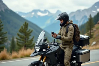 Motard équipé pour un road trip longue distance consulte son GPS sur une route de montagne avec sacoches et top case sur sa moto