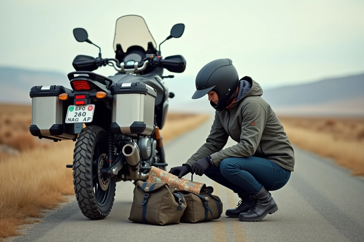 Motarde organisant son équipement dans une valise aluminium lors d'un road trip moto grande distance sur une route de campagne