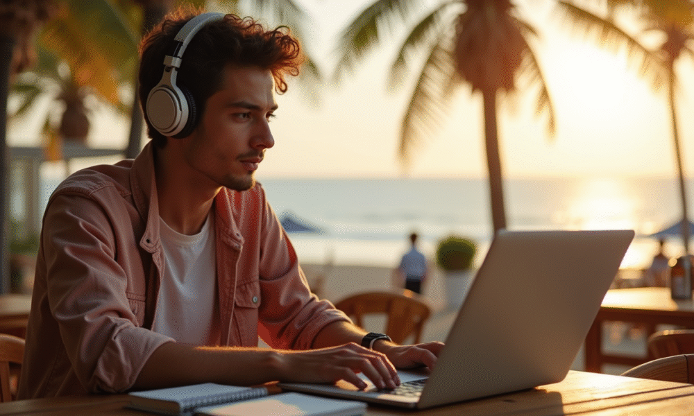 Jeune nomade digital travaillant sur un ordinateur au café plage