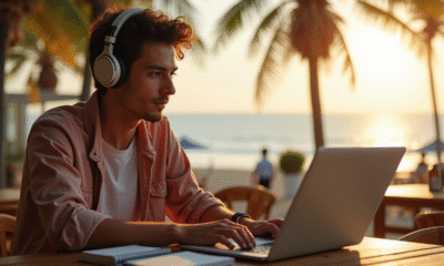 Jeune nomade digital travaillant sur un ordinateur au café plage