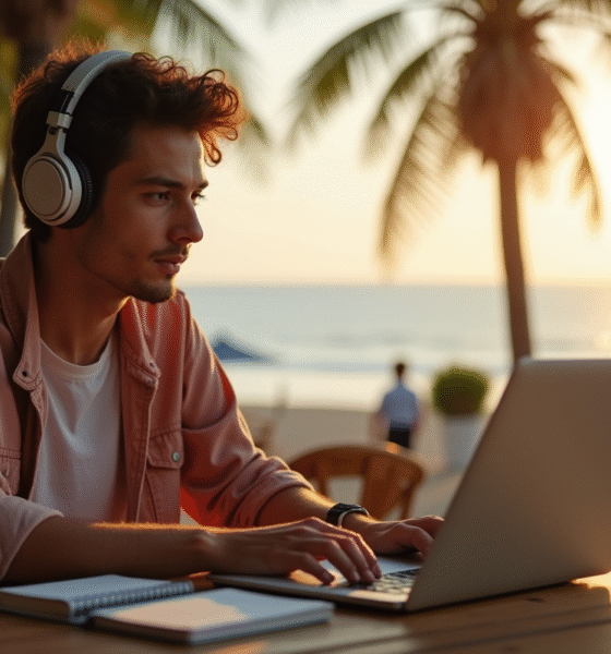 Jeune nomade digital travaillant sur un ordinateur au café plage