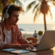 Jeune nomade digital travaillant sur un ordinateur au café plage