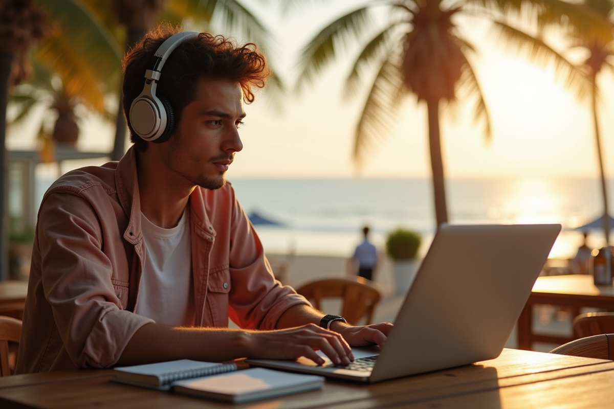 Jeune nomade digital travaillant sur un ordinateur au café plage