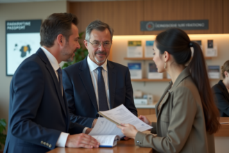 Officier consulaire français aidant une jeune femme au guichet