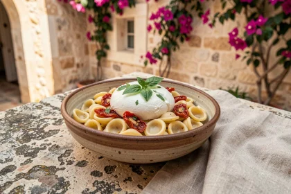 Bol d'orecchiette artisanales à la burrata et tomates séchées sur une table en pierre dans une trattoria de Monopoli en Puglia