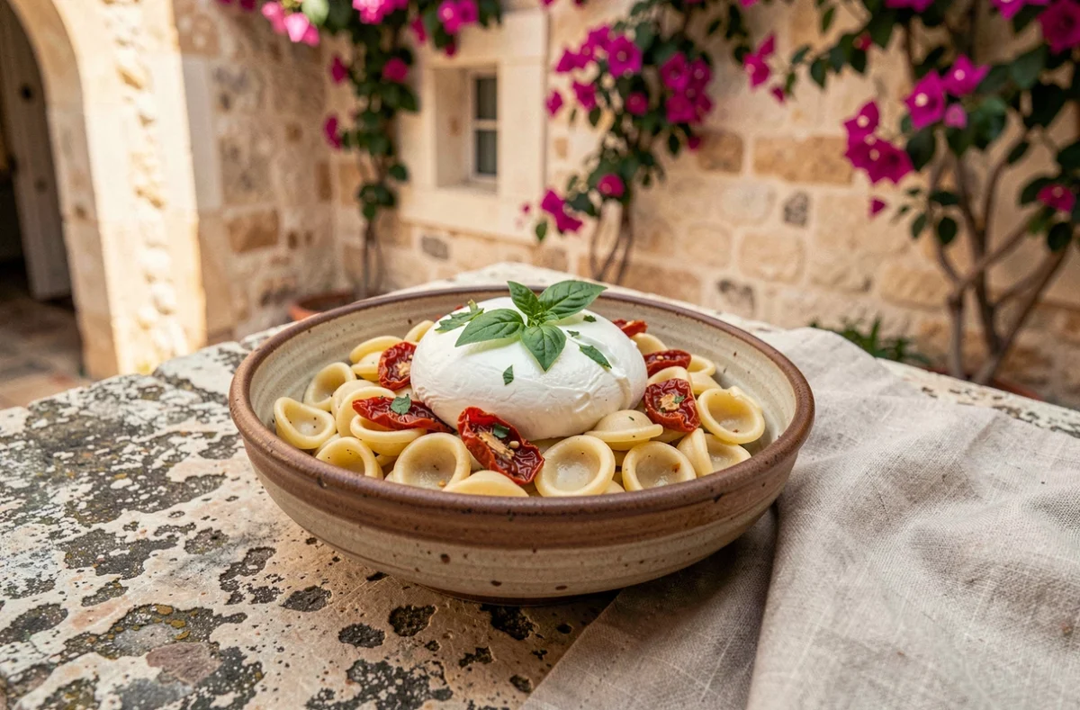 Bol d'orecchiette artisanales à la burrata et tomates séchées sur une table en pierre dans une trattoria de Monopoli en Puglia