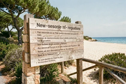 Panneau d'information sur les nouvelles règles d'accès aux plages du Rayol Canadel en 2026, entouré de végétation méditerranéenne