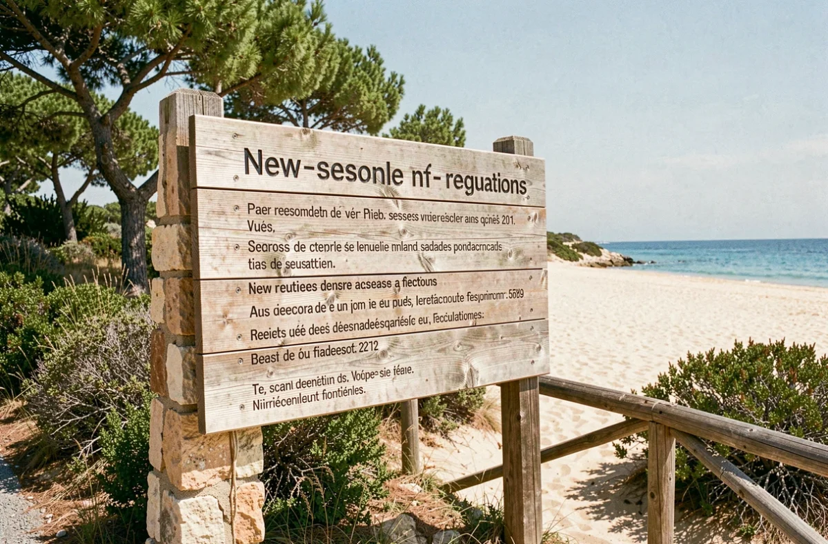Panneau d'information sur les nouvelles règles d'accès aux plages du Rayol Canadel en 2026, entouré de végétation méditerranéenne
