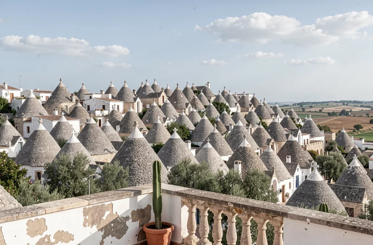 Vue panoramique sur le quartier Rione Monti d'Alberobello avec ses dizaines de toits coniques en pierre caractéristiques des trulli