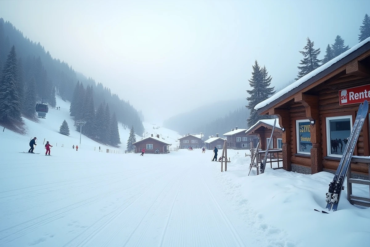 Vue panoramique d'une station de ski abordable avec pistes et village alpin proposant des forfaits pas cher