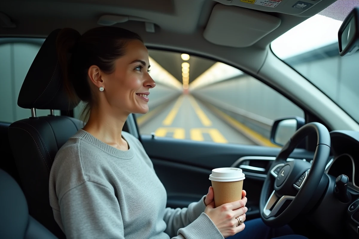 Une femme se détend dans sa voiture à bord du train Eurotunnel, tenant un café pendant la traversée sous la Manche