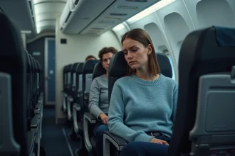 Passagère mécontente dans un avion Delta Airlines regardant son écran de divertissement en vol
