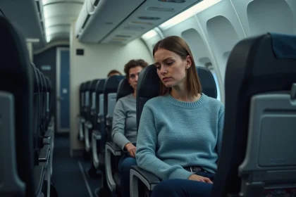Passagère mécontente dans un avion Delta Airlines regardant son écran de divertissement en vol