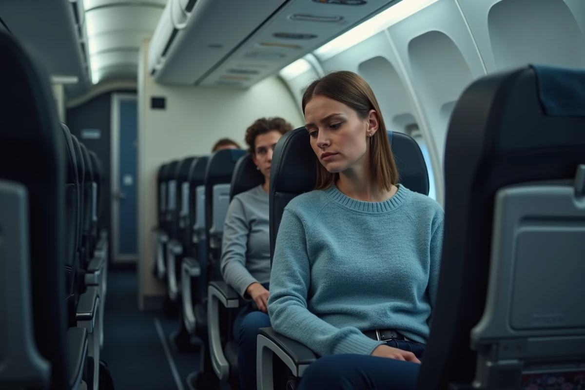 Passagère mécontente dans un avion Delta Airlines regardant son écran de divertissement en vol