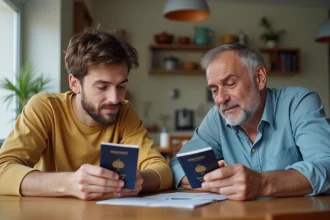 Homme et garçon regardant leurs passeports à la maison