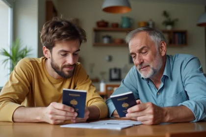 Homme et garçon regardant leurs passeports à la maison