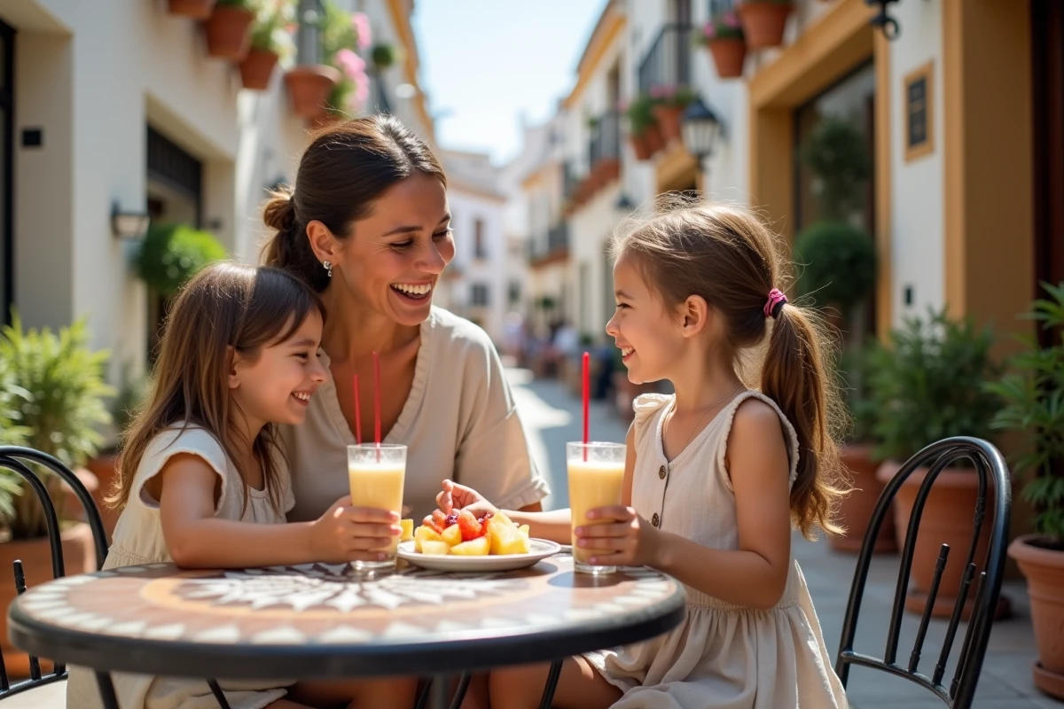 Mère et enfants savourant une pause fraîcheur en terrasse dans une ruelle du vieux Malaga