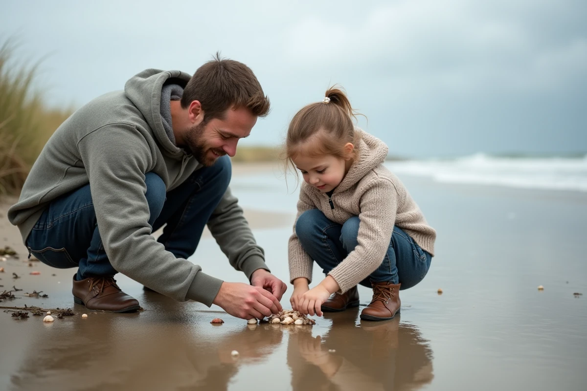 Père et fille examinant des coquillages sur la plage