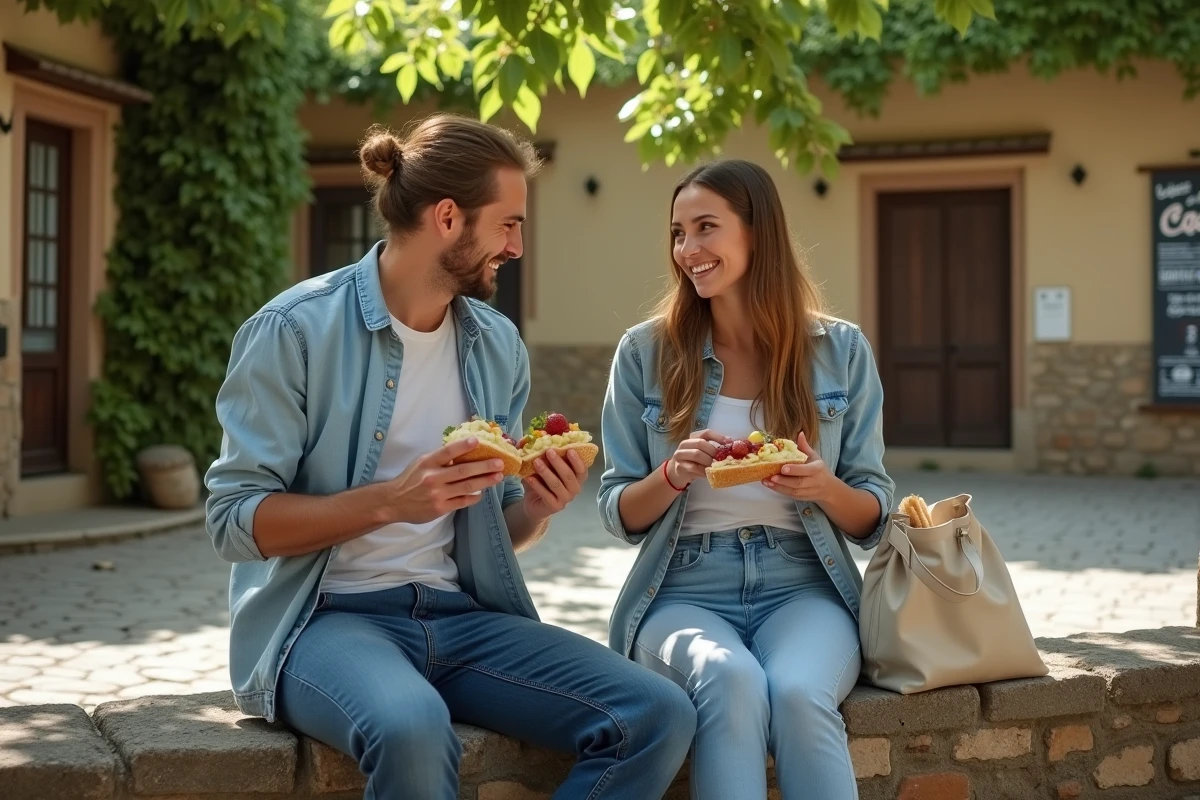 Deux amis se reposant sous les platanes d'un village du Vaucluse, pique-nique économique en plein air