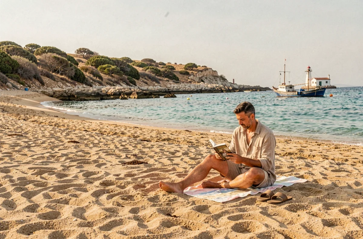 Plage déserte et eau turquoise en Sicile en octobre avec un voyageur solitaire se reposant au soleil