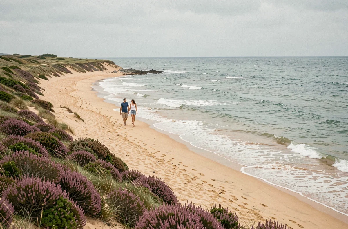 La plage des Grands Sables sur l'île de Groix, une plage convexe unique en Europe bordée de landes