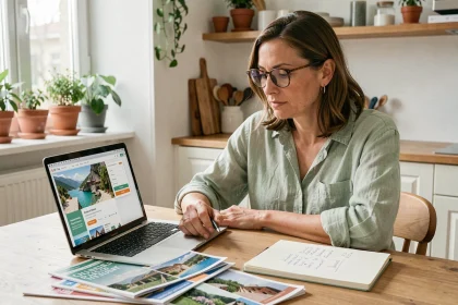 Femme planifiant ses vacances 2026 avec des brochures Leclerc Voyage et un ordinateur portable sur une table en bois