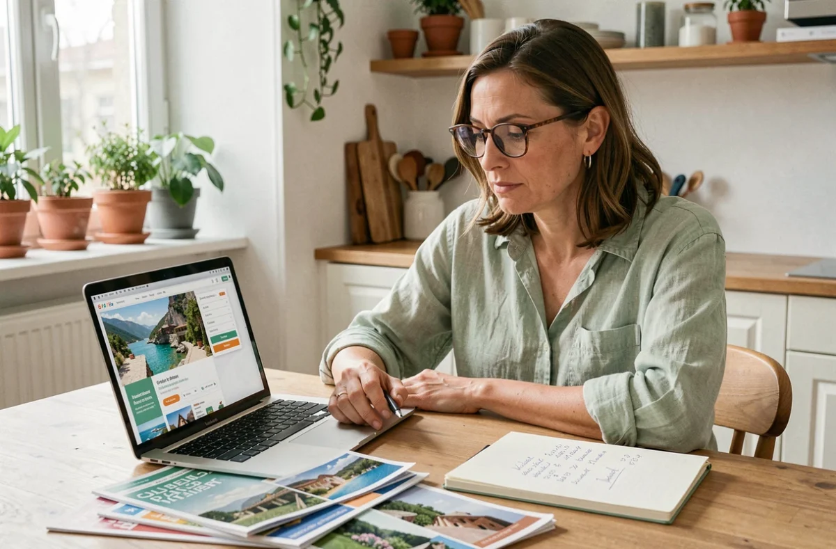 Femme planifiant ses vacances 2026 avec des brochures Leclerc Voyage et un ordinateur portable sur une table en bois