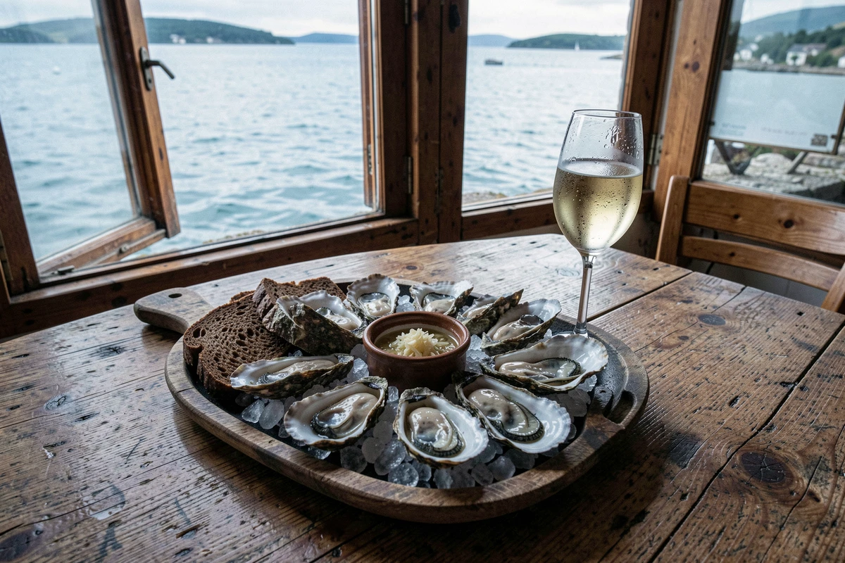 Plateau de fruits de mer avec vue sur le golfe du Morbihan dans un restaurant de la plage de Conleau à Vannes