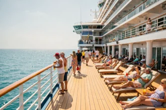 Pont d'un grand navire de croisière tout inclus avec des passagers profitant des installations en mer