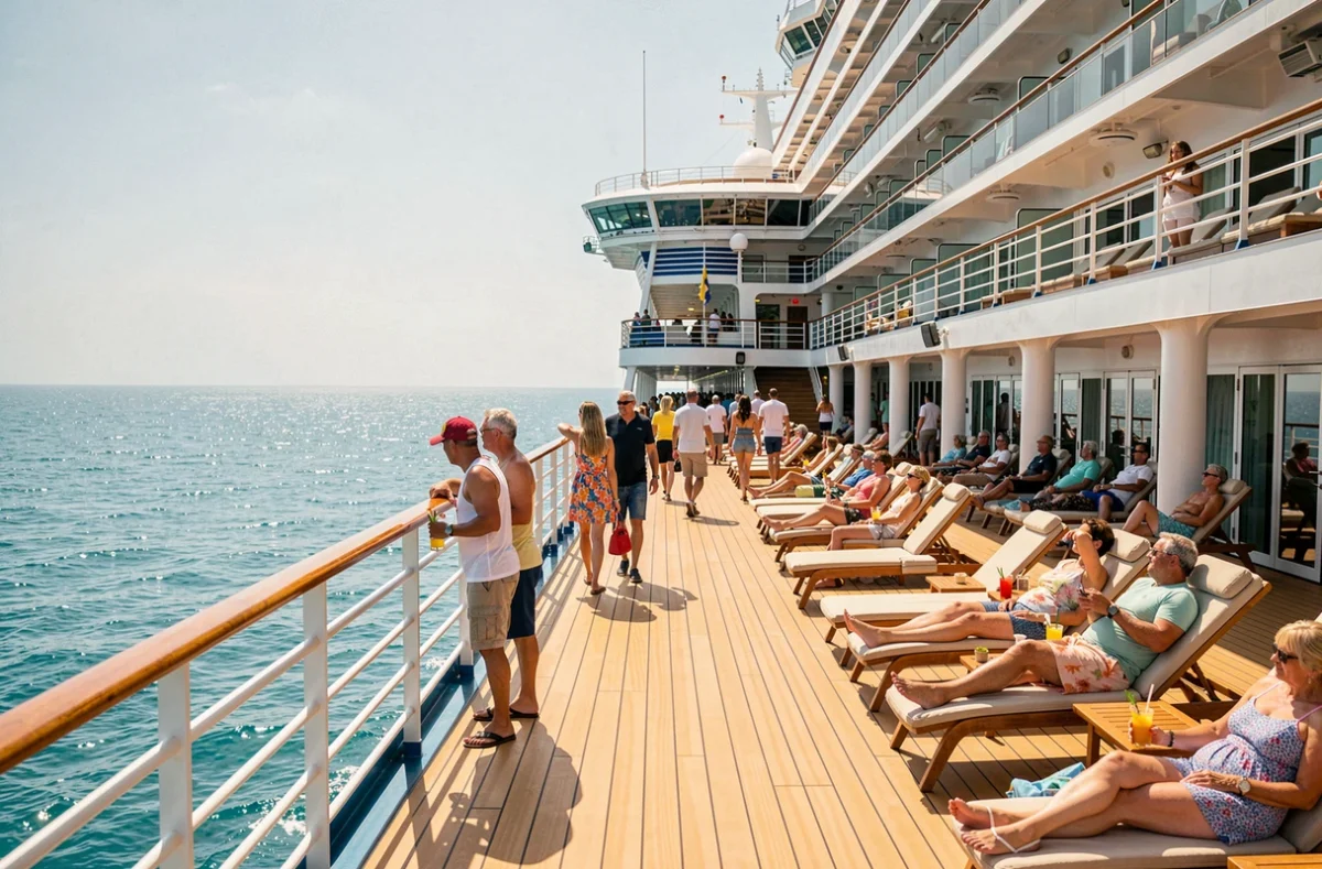 Pont d'un grand navire de croisière tout inclus avec des passagers profitant des installations en mer