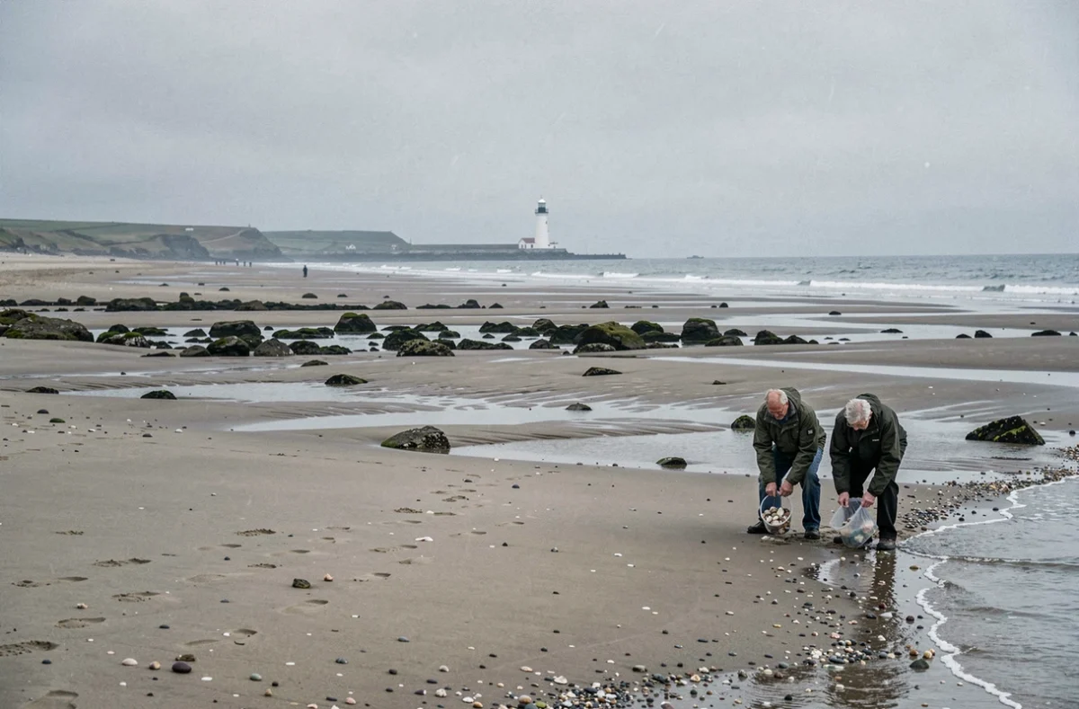 La plage de Pors Carn à Penmarch avec ses vastes étendues sableuses à marée basse et son phare au loin