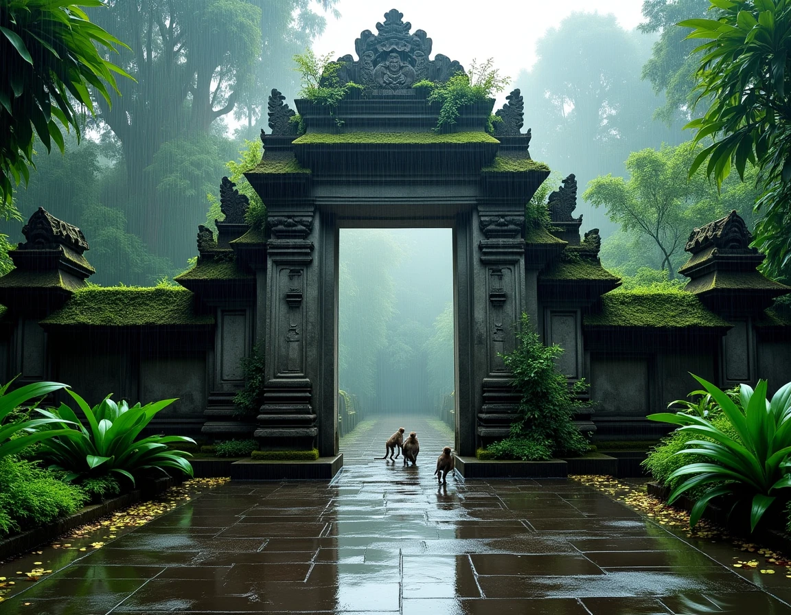 Portail d'entrée en pierre sculptée de la Monkey Forest d'Ubud sous une pluie tropicale intense avec des singes réfugiés sous la voûte