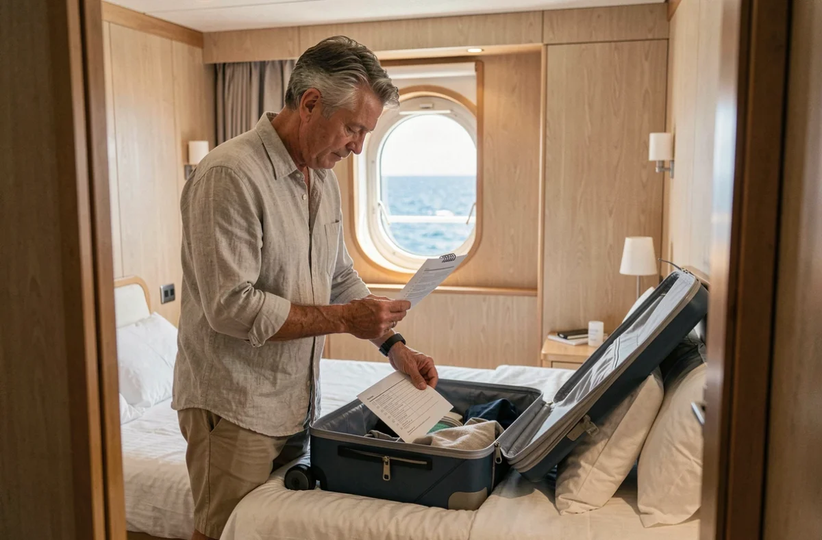 Homme préparant sa valise dans une cabine de croisière avec hublot donnant sur l'océan